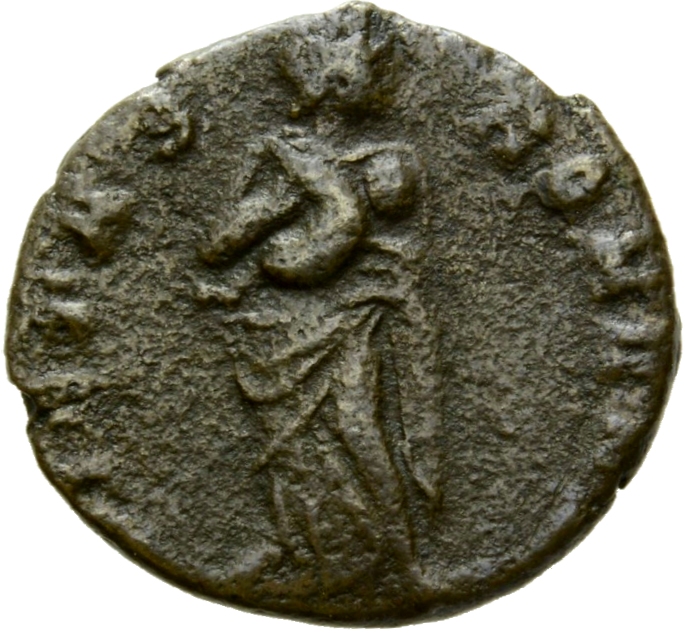 RIC VIII Constantinople 50 Constantius II reverse, Pietas, draped, standing front, head right, carrying an infant at her b...