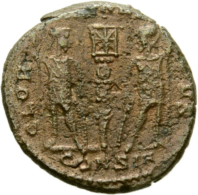 RIC VIII Constantinople 54 Constantius II reverse, Two soldiers, helmeted, draped, cuirassed, facing front, heads toward e...