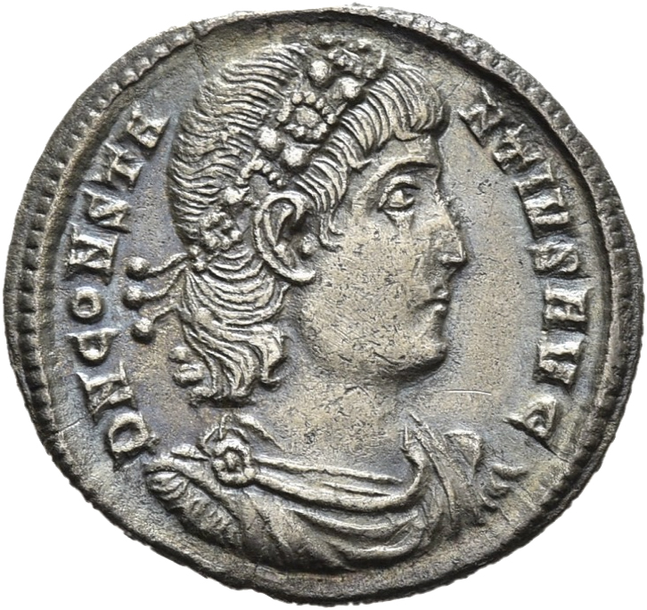 RIC VIII Constantinople 58 Constantius II obverse, Bust of Constantius II, rosette-diademed, draped, cuirassed, right