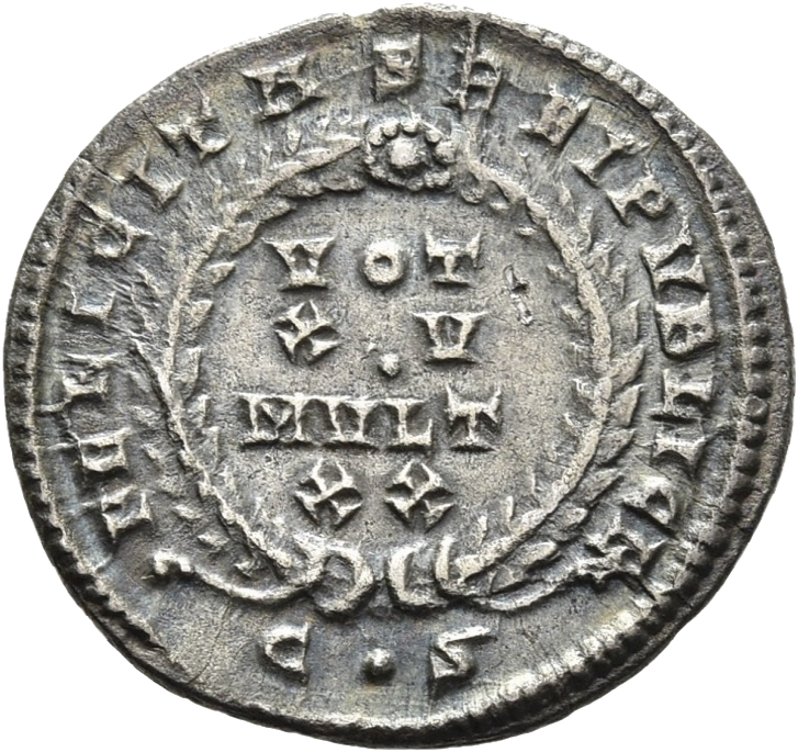 RIC VIII Constantinople 58 Constantius II reverse, VOT/XV/MVLT/XX within a wreath
