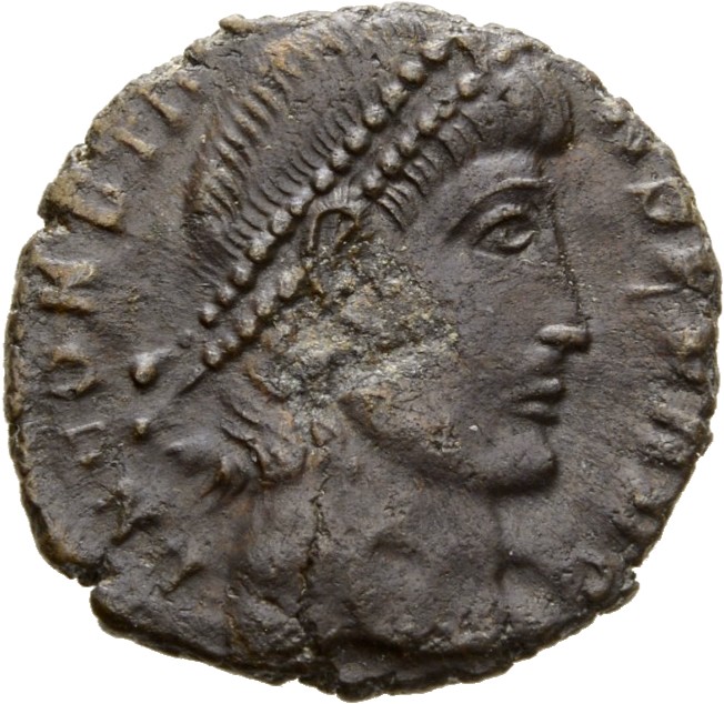 RIC VIII Constantinople 66 Constantius II obverse, Head of Constans, pearl-diademed, right