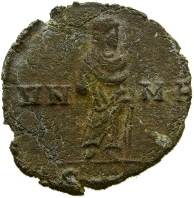 RIC VIII Constantinople 68 Constantius II reverse, Constantine I, veiled, draped, standing right, raising left hand