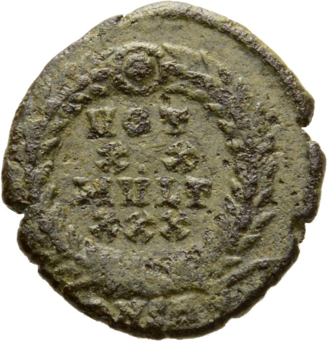 RIC VIII Constantinople 76 Constantius II reverse, VOT/XX/MVLT/XXX within a wreath