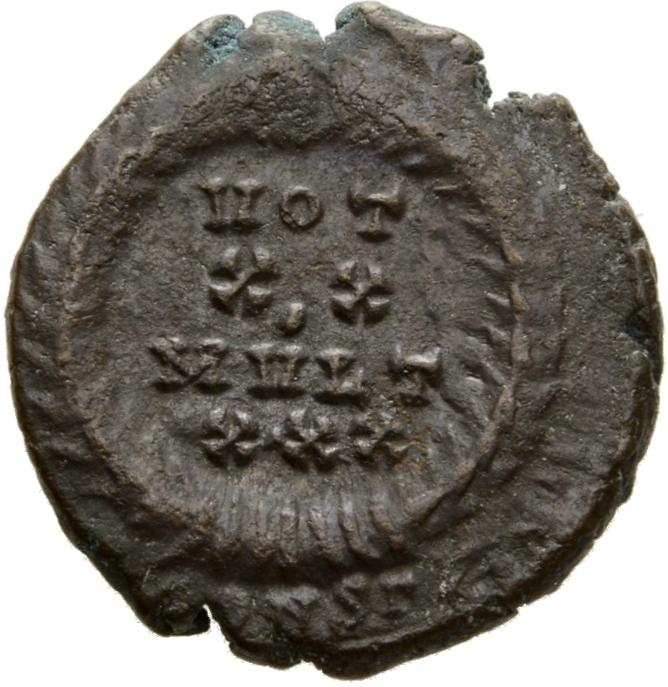 RIC VIII Constantinople 76 Constantius II reverse, VOT/XX/MVLT/XXX within a wreath