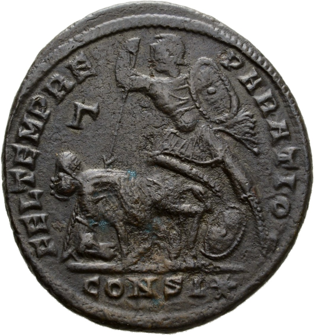 RIC VIII Constantinople 81 Constantius II reverse, Soldier, helmeted, draped, cuirassed, advancing left, spearing fallen h...