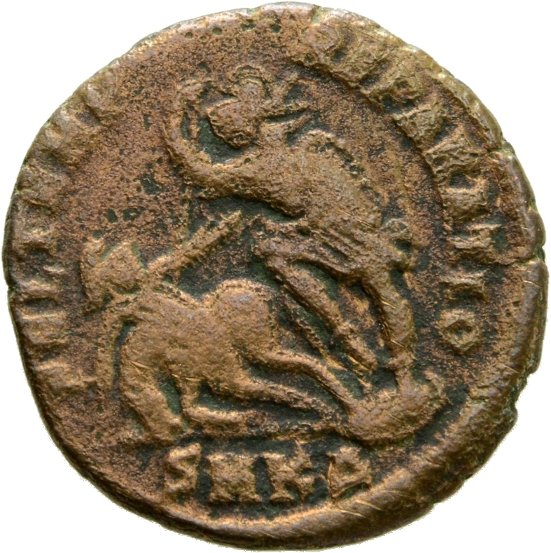RIC VIII Cyzicus 104 Constantius II reverse, Soldier, helmeted, draped, cuirassed, advancing left, spearing fallen horsema...