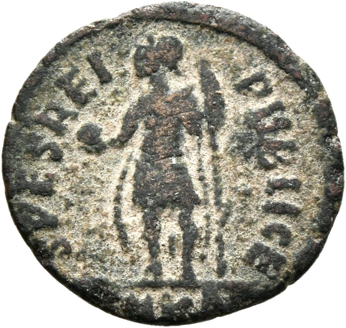 RIC VIII Cyzicus 117 Constantius II reverse, Constantius II, helmeted, draped, cuirassed, standing left, holding globe in ...