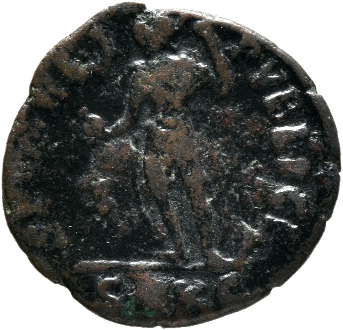 RIC VIII Cyzicus 119 Constantius II reverse, Constantius II, helmeted, draped, cuirassed, standing left, holding globe in ...