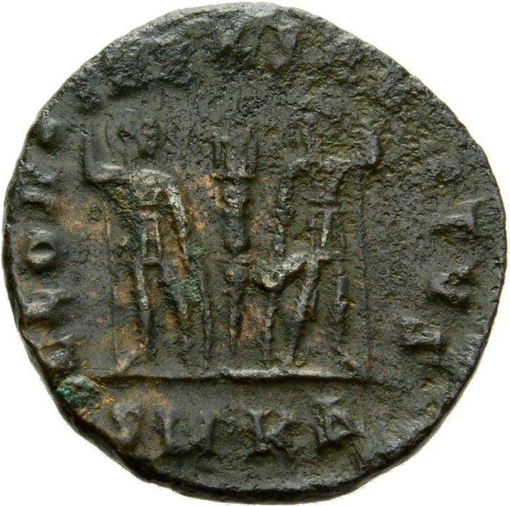 RIC VIII Cyzicus 14 Constantius II reverse, Two soldiers, helmeted, draped, cuirassed, facing front, heads toward each oth...