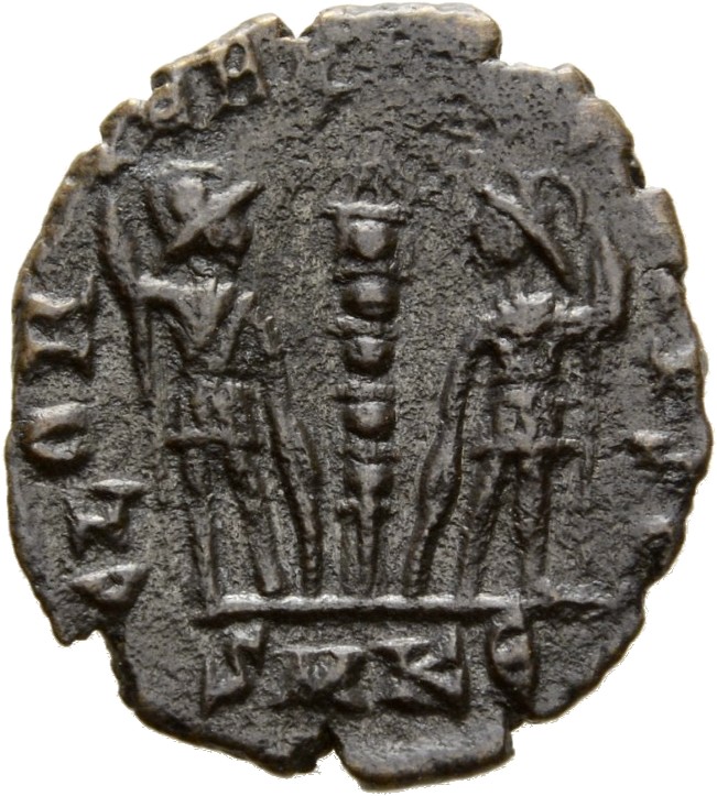 RIC VIII Cyzicus 18 Constantius II reverse, Two soldiers, helmeted, draped, cuirassed, facing front, heads toward each oth...