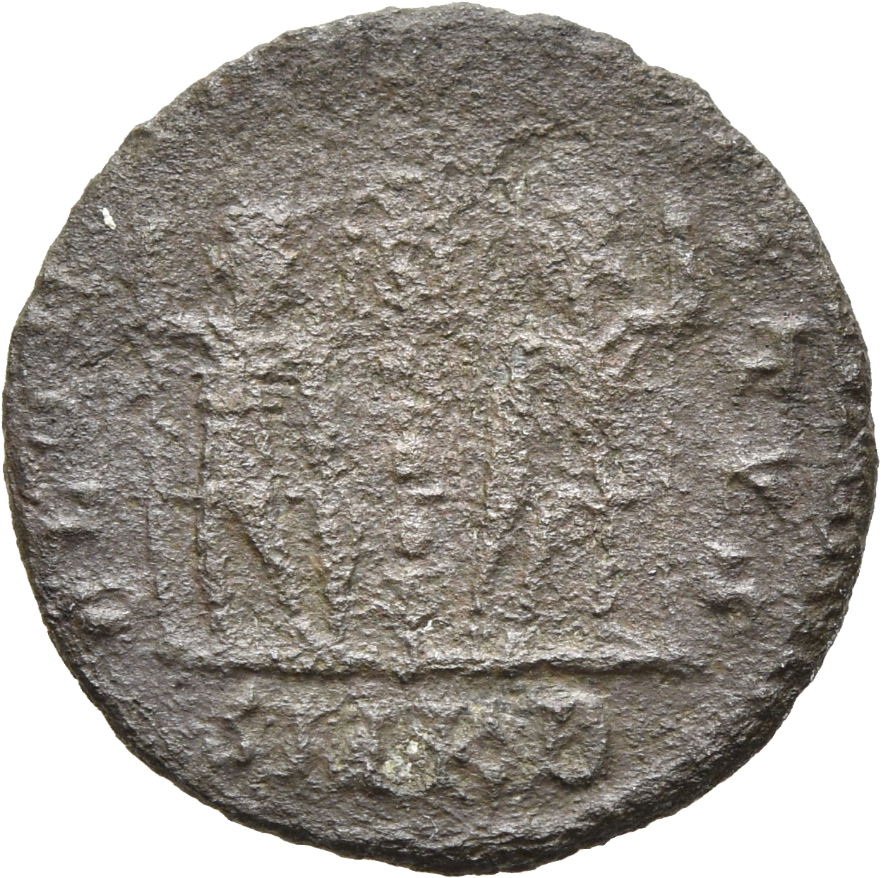 RIC VIII Cyzicus 18 Constantius II reverse, Two soldiers, helmeted, draped, cuirassed, facing front, heads toward each oth...