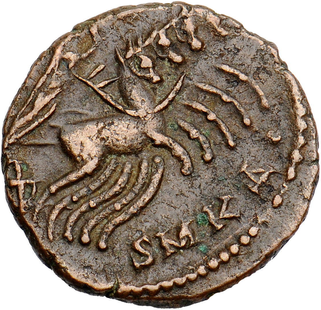 RIC VIII Cyzicus 19 Constantius II reverse, Constantine I, veiled, draped, riding right in quadriga; Hand of God reaches d...