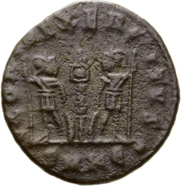 RIC VIII Cyzicus 21 Constantius II reverse, Two soldiers, helmeted, draped, cuirassed, facing front, heads toward each oth...