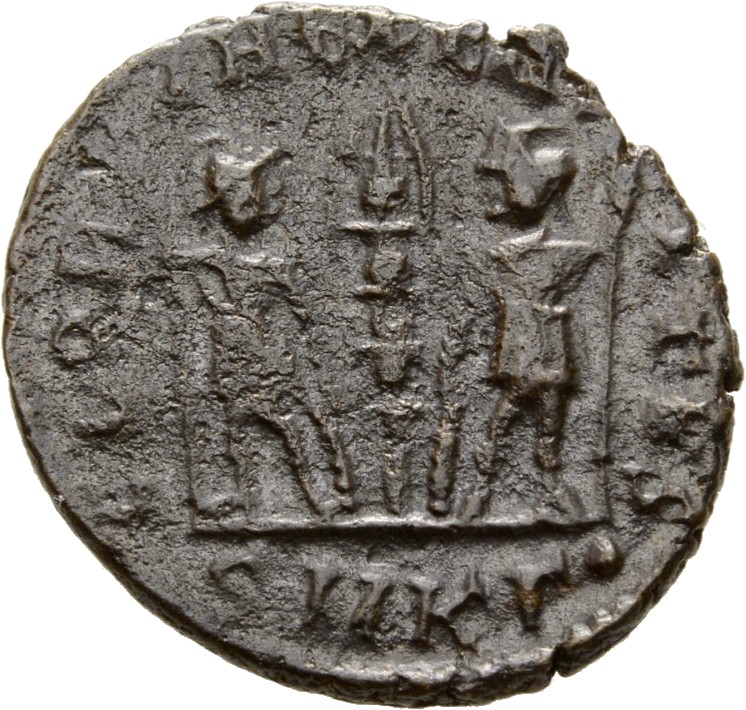 RIC VIII Cyzicus 22 Constantius II reverse, Two soldiers, helmeted, draped, cuirassed, facing front, heads toward each oth...