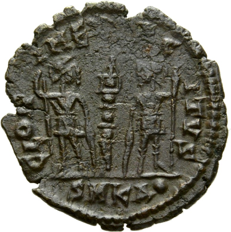 RIC VIII Cyzicus 22 Constantius II reverse, Two soldiers, helmeted, draped, cuirassed, facing front, heads toward each oth...