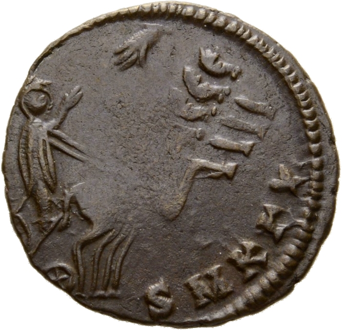 RIC VIII Cyzicus 25 Constantius II reverse, Constantine I, veiled, draped, riding right in quadriga; Hand of God reaches d...