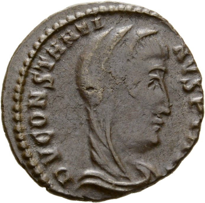 RIC VIII Cyzicus 25 Constantius II obverse, Head of Constantine I, veiled, right