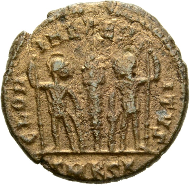RIC VIII Cyzicus 28 Constantius II reverse, Two soldiers, helmeted, draped, cuirassed, facing front, heads toward each oth...