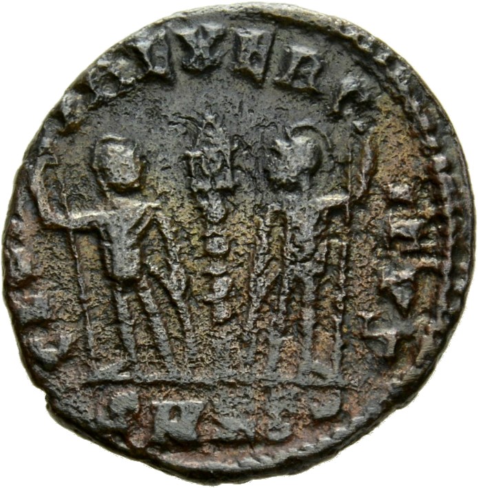RIC VIII Cyzicus 33 Constantius II reverse, Two soldiers, helmeted, draped, cuirassed, facing front, heads toward each oth...