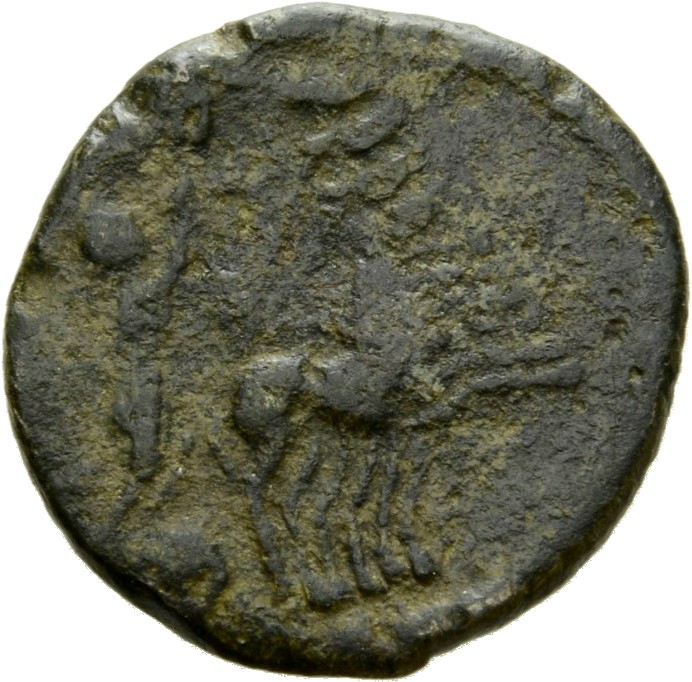 RIC VIII Cyzicus 4 Constantius II reverse, Constantine I, veiled, draped, riding right in quadriga; Hand of God reaches do...