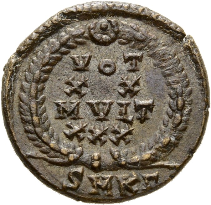 RIC VIII Cyzicus 48 Constantius II reverse, VOT/XX/MVLT/XXX within a wreath