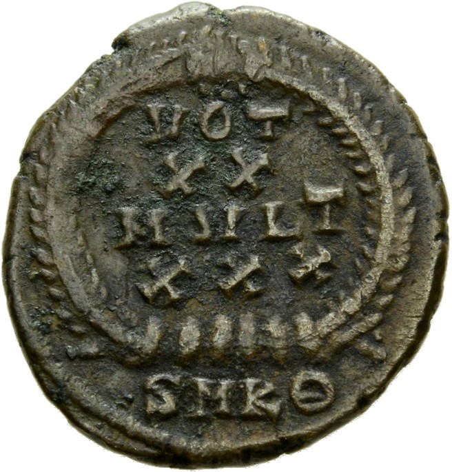 RIC VIII Cyzicus 51 Constantius II reverse, VOT/XX/MVLT/XXX within a wreath