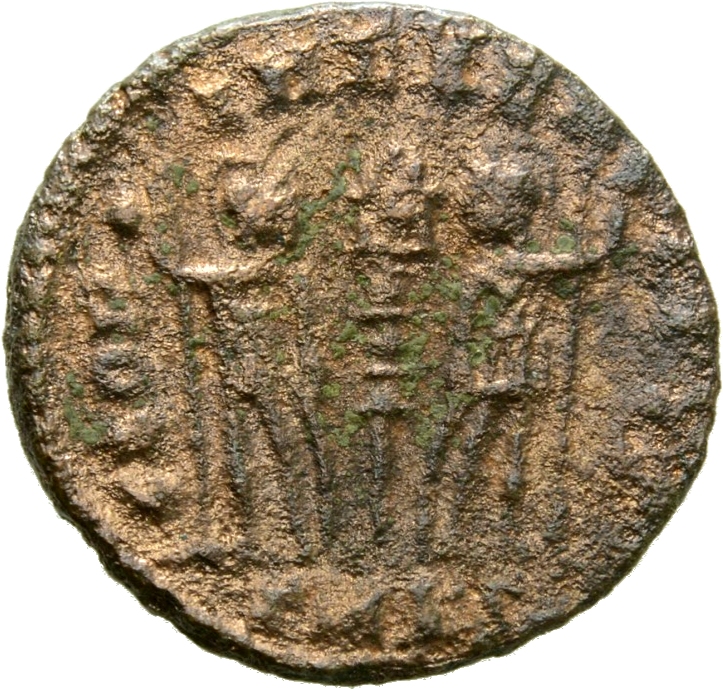 RIC VIII Cyzicus 6 Constantius II reverse, Two soldiers, helmeted, draped, cuirassed, facing front, heads toward each othe...