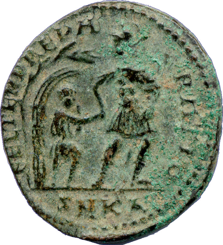 RIC VIII Cyzicus 72 Constantius II reverse, Soldier, helmeted, draped, cuirassed, advancing right, head left, leading smal...