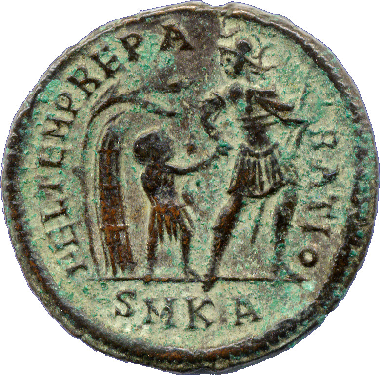 RIC VIII Cyzicus 72 Constantius II reverse — Soldier, helmeted, draped, cuirassed, advancing right, head left, leading sma...