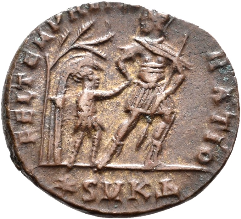 RIC VIII Cyzicus 77 Constantius II reverse, Soldier, helmeted, draped, cuirassed, advancing right, head left, leading smal...