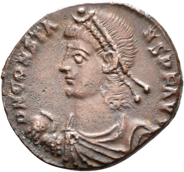 RIC VIII Cyzicus 77 Constantius II obverse, Bust of Constans, pearl-diademed, draped, cuirassed, left, holding globe in ri...