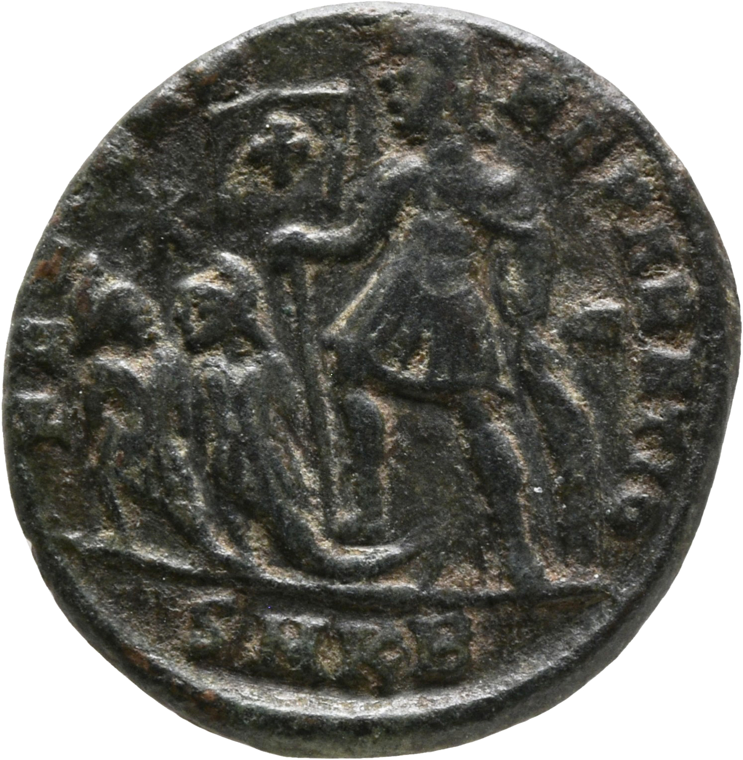 RIC VIII Cyzicus 84 Constantius II reverse, Constantius II, draped, cuirassed, standing left, holding standard with cross ...