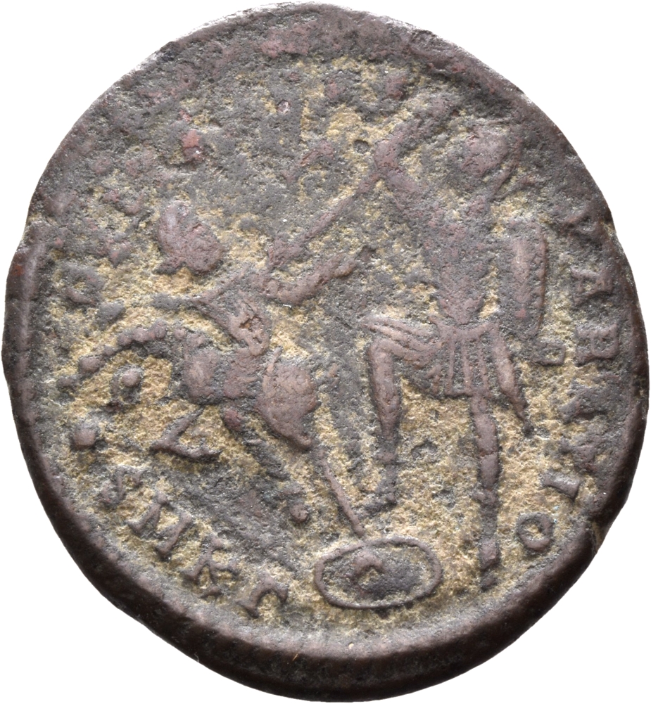 RIC VIII Cyzicus 9 Constantius II reverse, Two soldiers, helmeted, draped, cuirassed, facing front, heads toward each othe...
