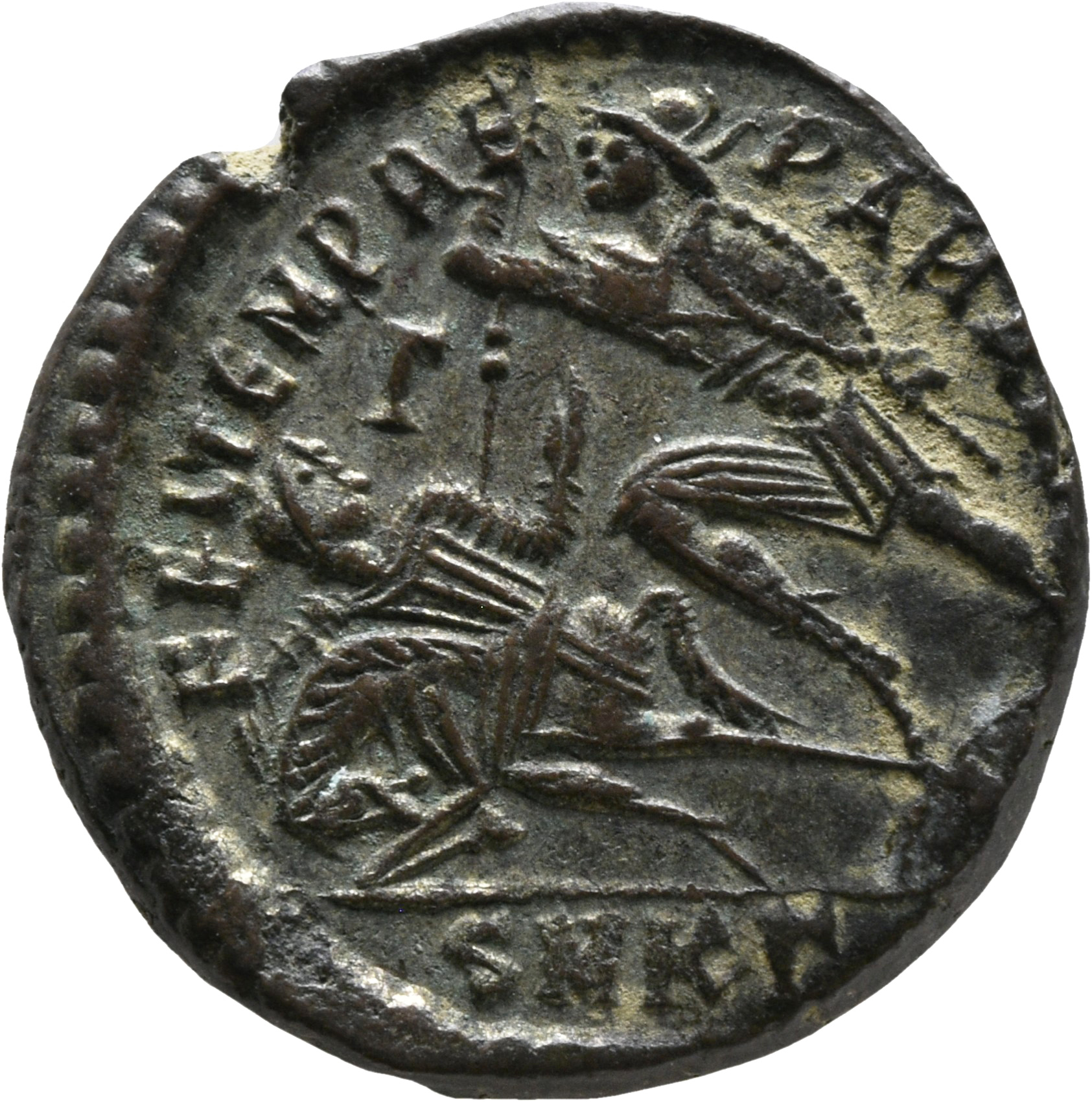 RIC VIII Cyzicus 93a Constantius II reverse, Soldier, helmeted, draped, cuirassed, advancing left, spearing fallen horsema...
