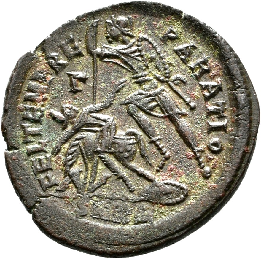 RIC VIII Cyzicus 94 Constantius II reverse, Soldier, helmeted, draped, cuirassed, advancing left, spearing fallen horseman...