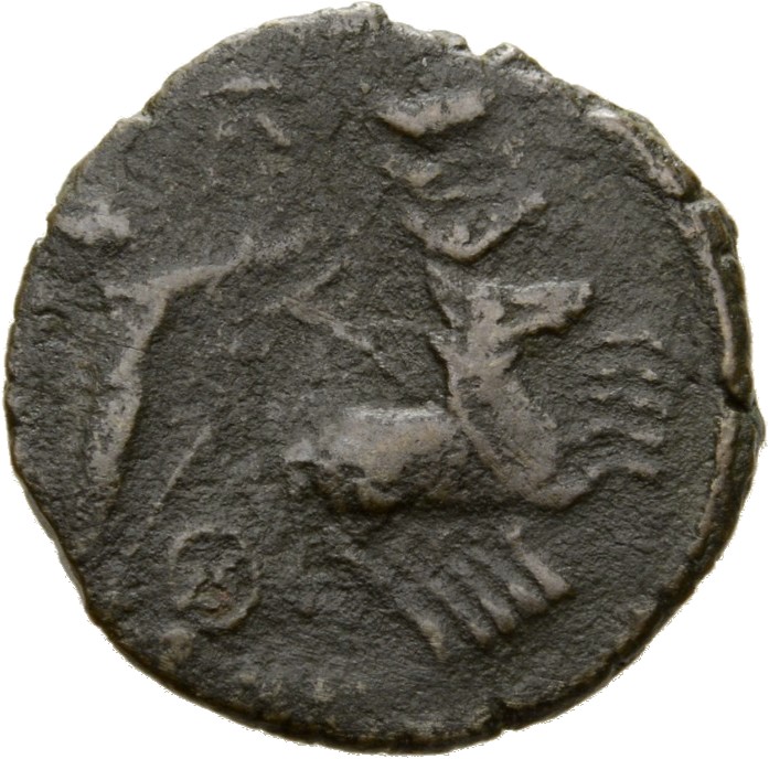 RIC VIII Heraclea 13 Constantius II reverse, Constantine I, veiled, draped, riding right in quadriga; Hand of God reaches ...
