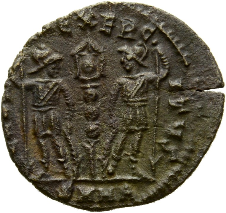 RIC VIII Heraclea 17 Constantius II reverse, Two soldiers, helmeted, draped, cuirassed, facing front, heads toward each ot...