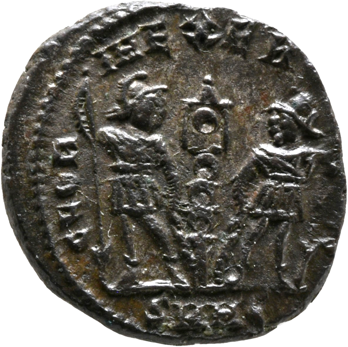 RIC VIII Heraclea 19 Constantius II reverse, Two soldiers, helmeted, draped, cuirassed, facing front, heads toward each ot...