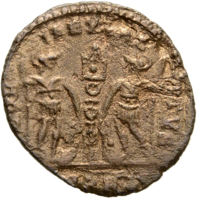 RIC VIII Heraclea 20 Constantius II reverse, Two soldiers, helmeted, draped, cuirassed, facing front, heads toward each ot...
