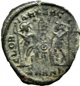 RIC VIII Heraclea 37 Constantius II reverse, Two soldiers, helmeted, draped, cuirassed, facing front, heads toward each ot...