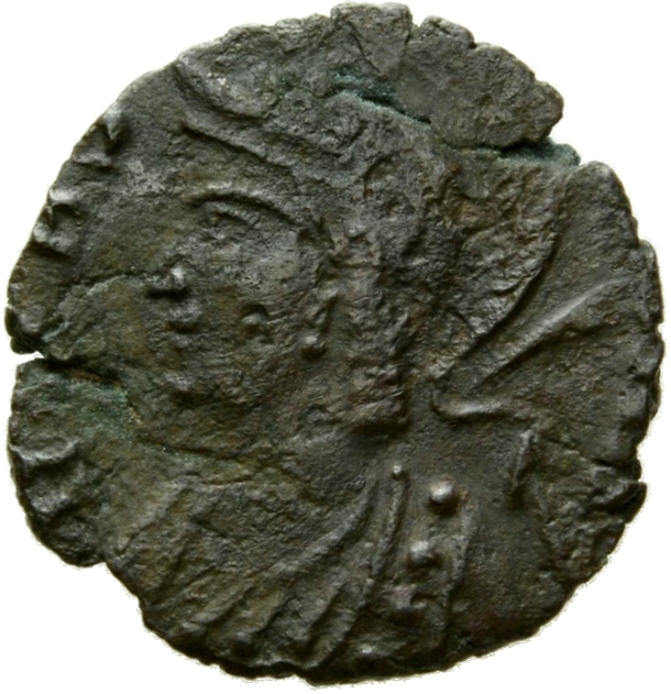 RIC VIII Heraclea 56 Constantius II obverse, Bust of Roma, visored with crested helmet, wearing ornamental mantle, left