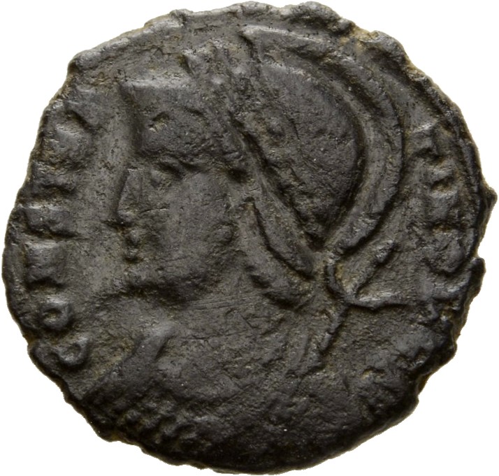 RIC VIII Heraclea 57 Constantius II obverse, Bust of Constantinopolis, laureate with crested helmet, wearing ornamental ma...