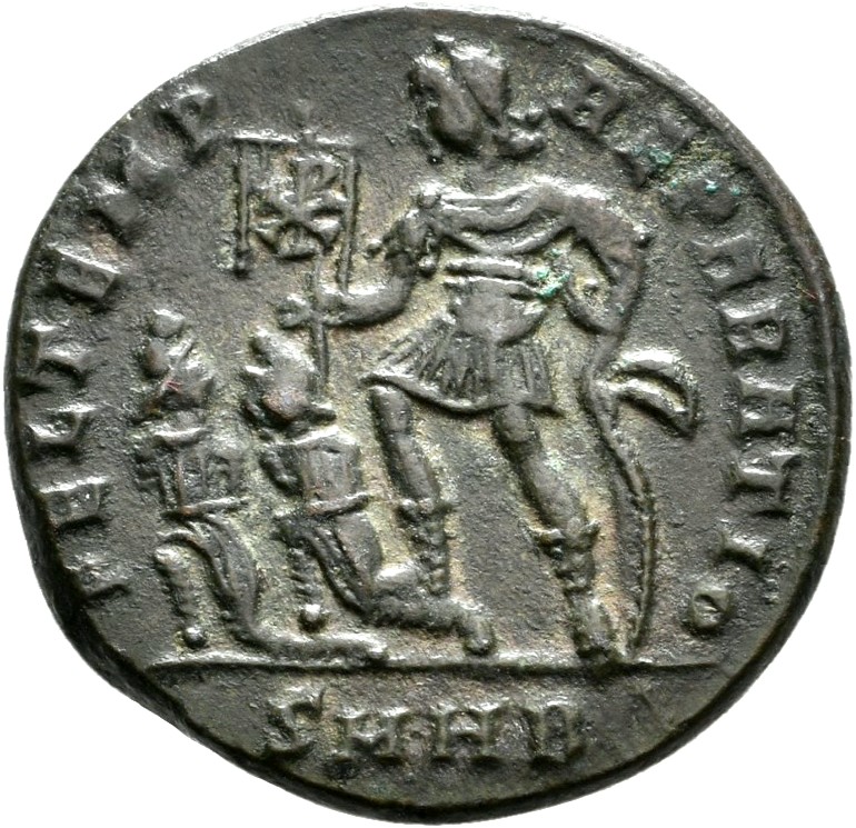 RIC VIII Heraclea 69 Constantius II reverse, Constantius II, draped, cuirassed, standing left, holding standard in right h...