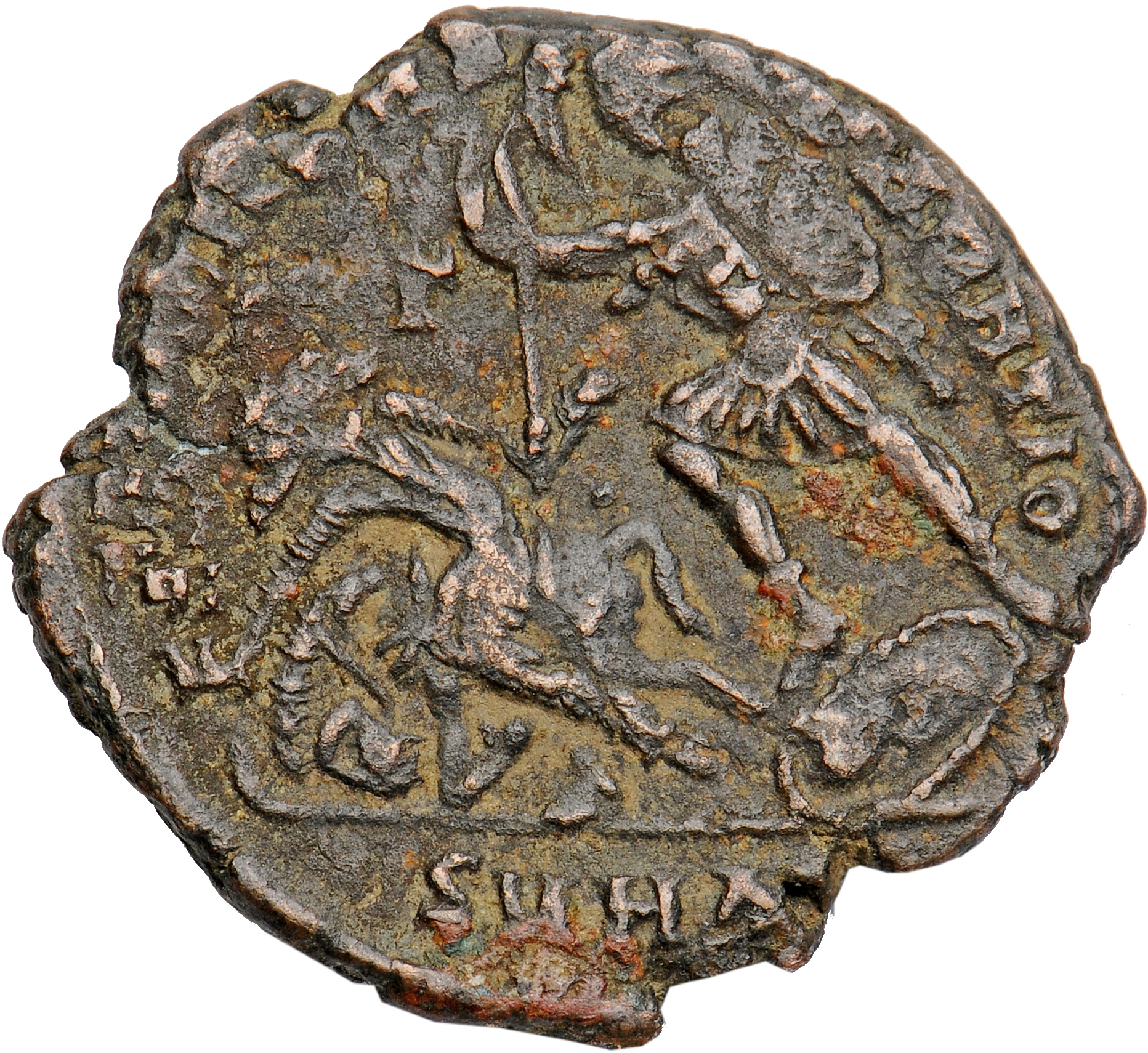 RIC VIII Heraclea 82 Constantius II reverse, Soldier, helmeted, draped, cuirassed, advancing left, spearing fallen horsema...