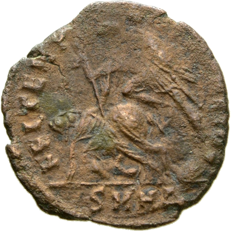 RIC VIII Heraclea 90 Constantius II reverse, Soldier, helmeted, draped, cuirassed, advancing left, spearing fallen horsema...