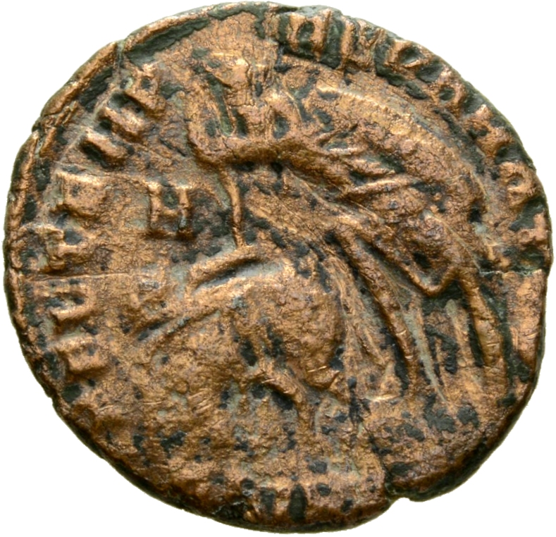 RIC VIII Heraclea 93 Constantius II reverse, Soldier, helmeted, draped, cuirassed, advancing left, spearing fallen horsema...
