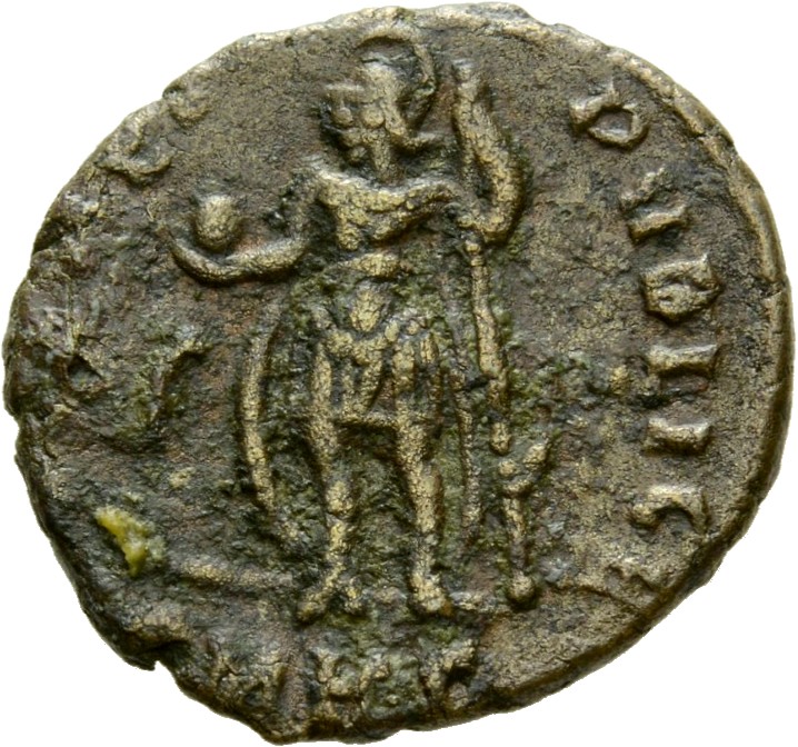 RIC VIII Heraclea 98 Constantius II reverse, Constantius II, helmeted, draped, cuirassed, standing left, holding globe in ...