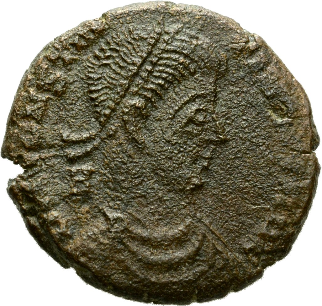 RIC VIII Lugdunum 101 Constans obverse, Bust of Constantius II, pearl-diademed, draped, cuirassed, right; A behind bust