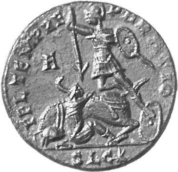 RIC VIII Lugdunum 101 Constans reverse, Soldier, helmeted, draped, cuirassed, advancing left, spearing fallen horseman wit...