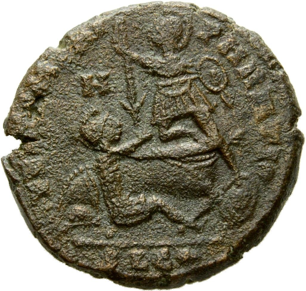 RIC VIII Lugdunum 101 Constans reverse — Soldier, helmeted, draped, cuirassed, advancing left, spearing fallen horseman wi...
